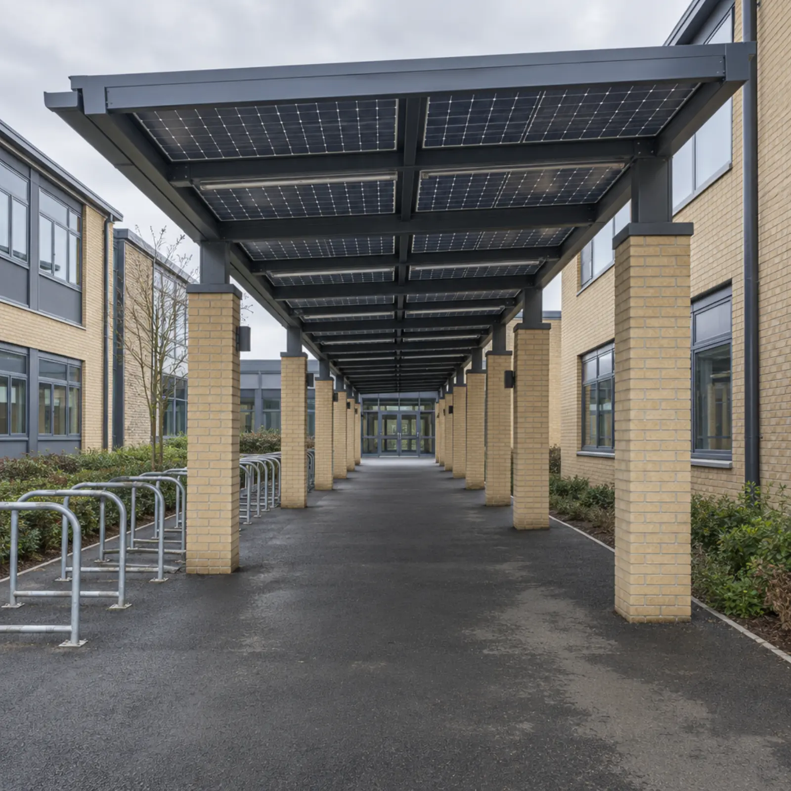 A covered walkway between two school blocks, its steel framed canopy roofed with solar panels