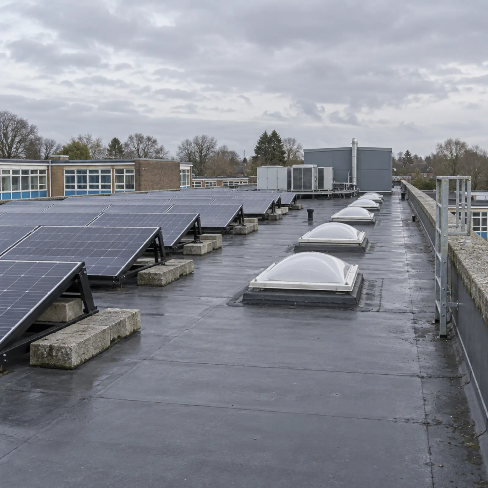 A 1960s school block flat roof with a ballasted solar array on tilted frames, concrete ballast blocks, rooflights and a parapet edge