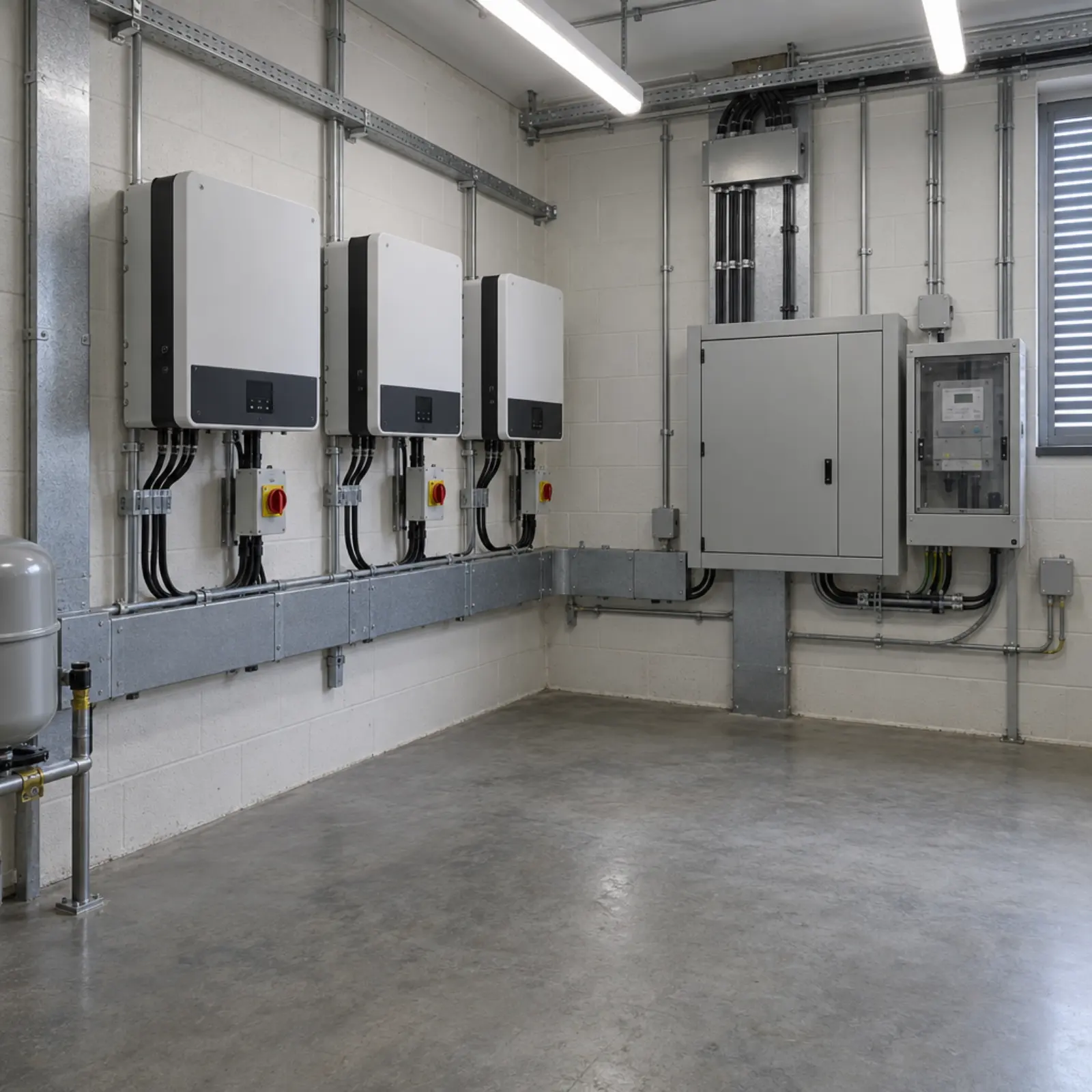 Solar inverters and isolators mounted on a blockwork wall in a school plant room, beside a three phase distribution board and metering cabinet