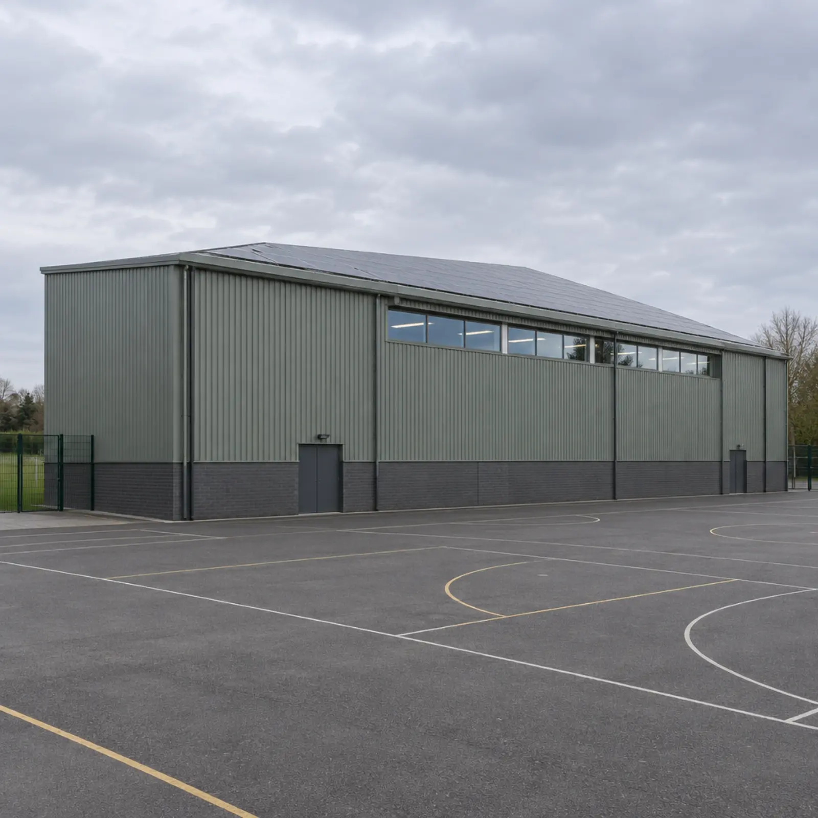 A school sports hall with profiled metal cladding and a broad shallow roof covered in solar panels